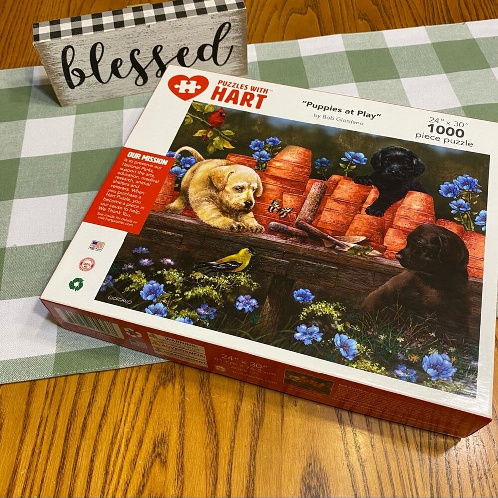 Hart Puzzles 1000 Piece Jigsaw Puzzle Puppies at Play Flowers Garden Butterflies